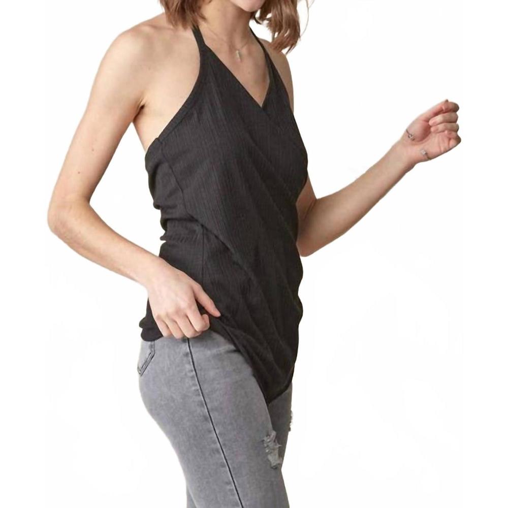 NEW DOE AND RAE rib asymmetric hem halter wrap tank top in black